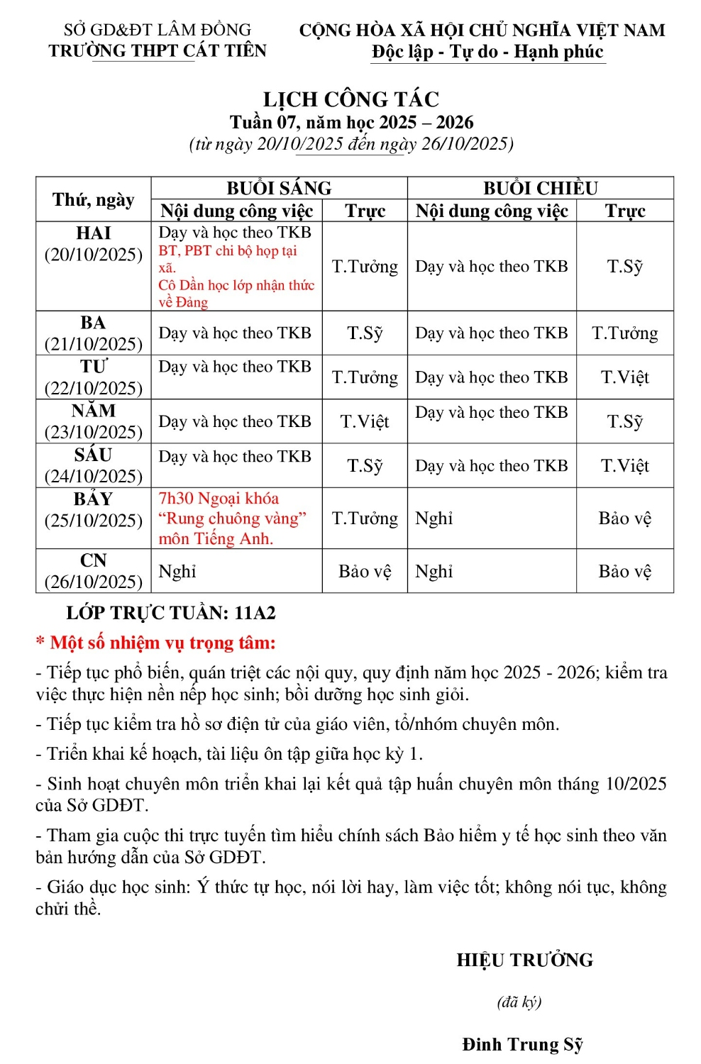 LỊCH CÔNG TÁC TUẦN 7