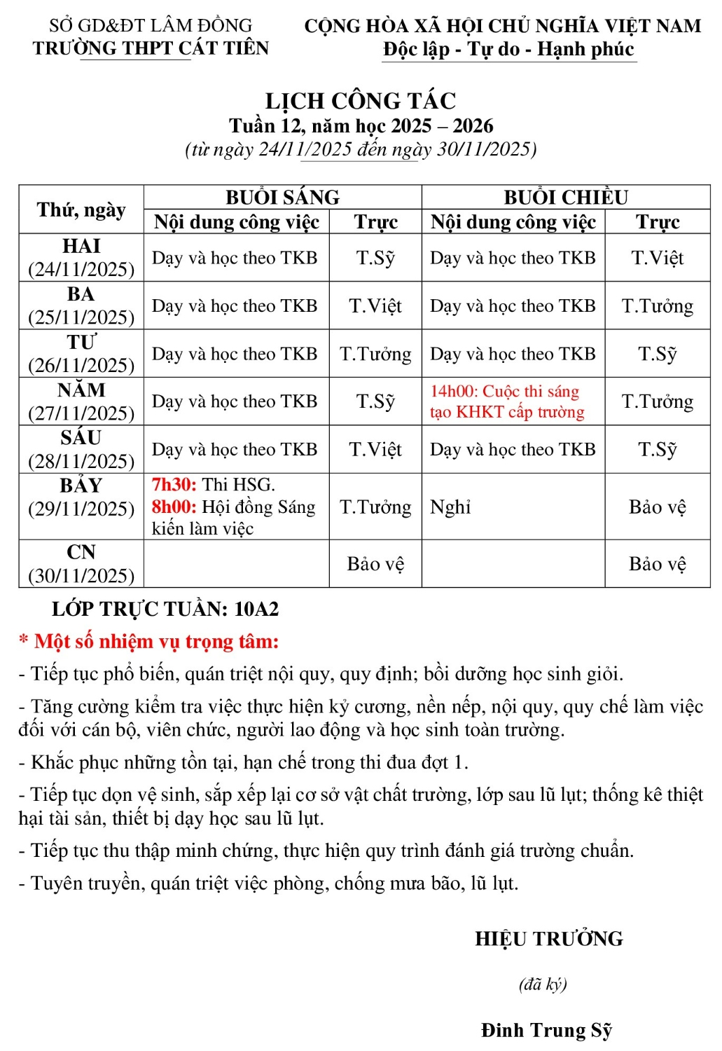 LỊCH CÔNG TÁC TUẦN 12