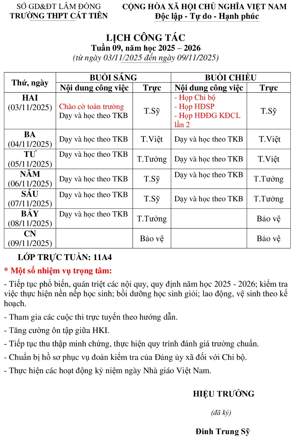 LỊCH CÔNG TÁC TUẦN 9