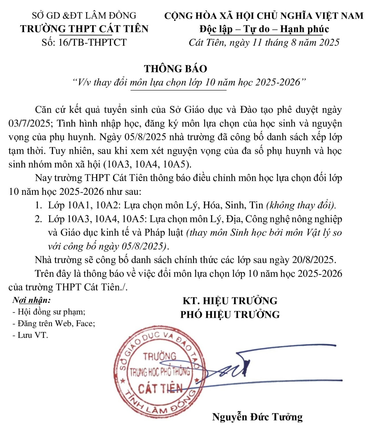 THÔNG BÁO MÔN LỰA CHỌN