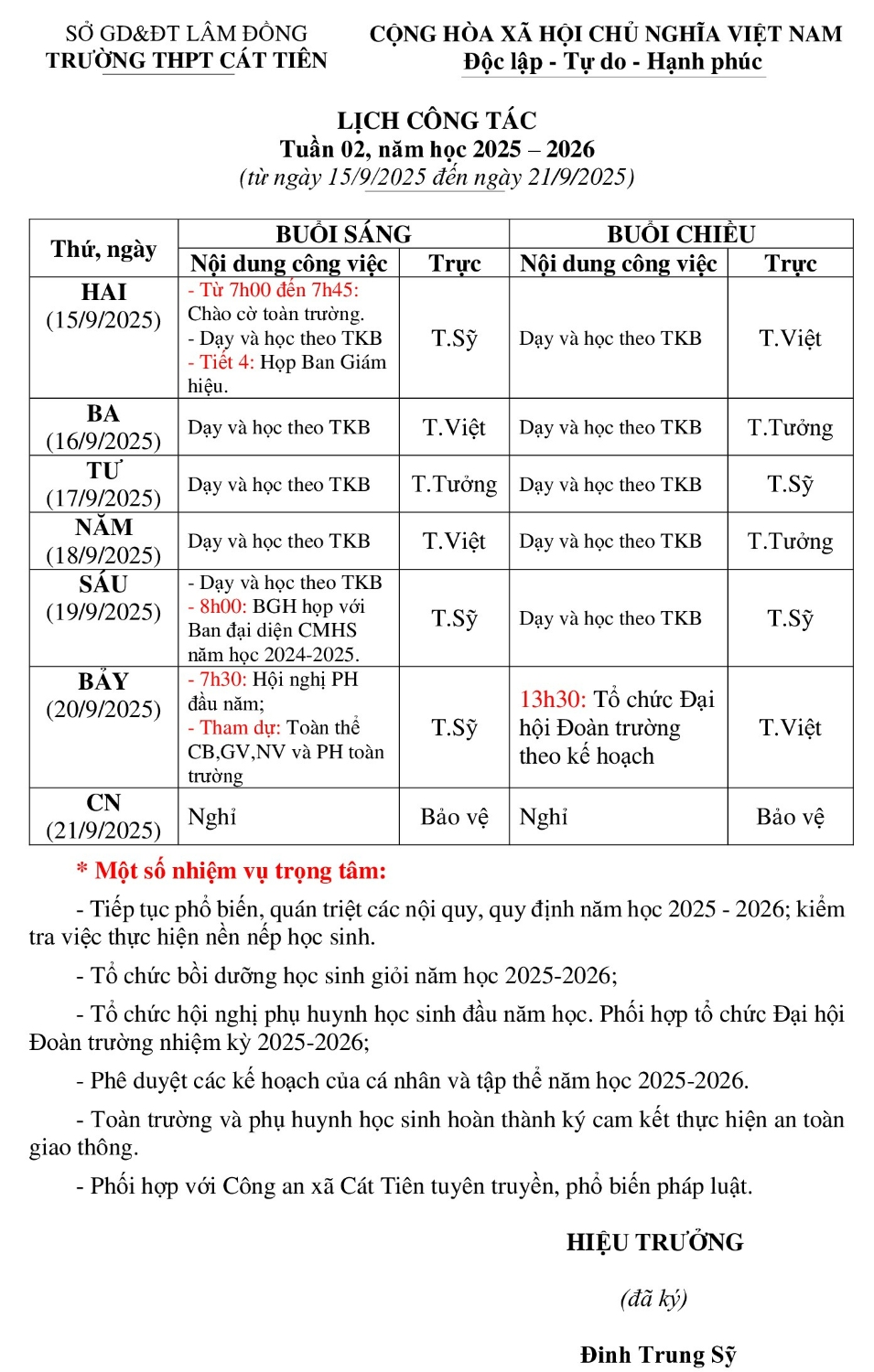 LỊCH CÔNG TÁC TUẦN 2
