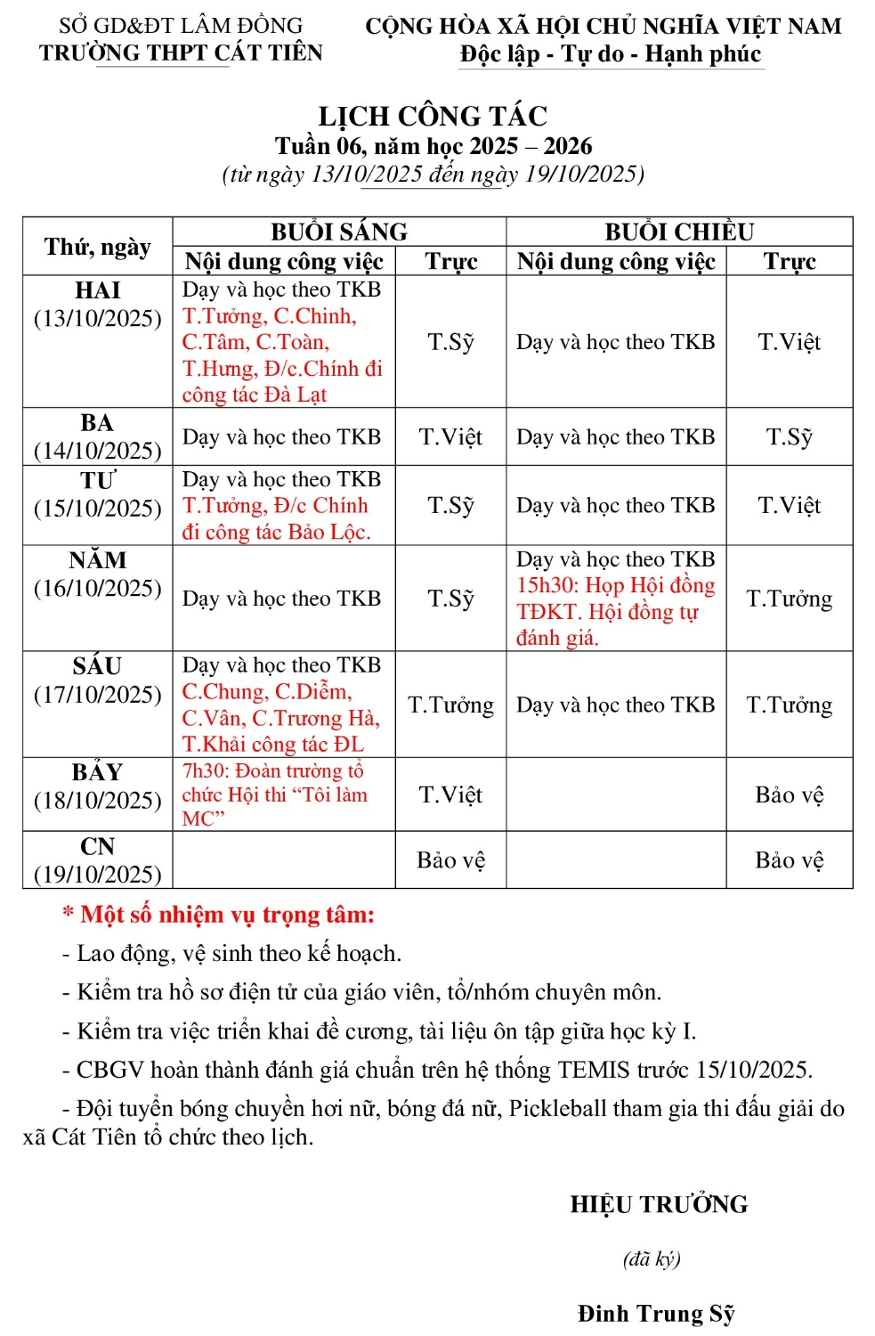 LỊCH CÔNG TÁC TUẦN 6