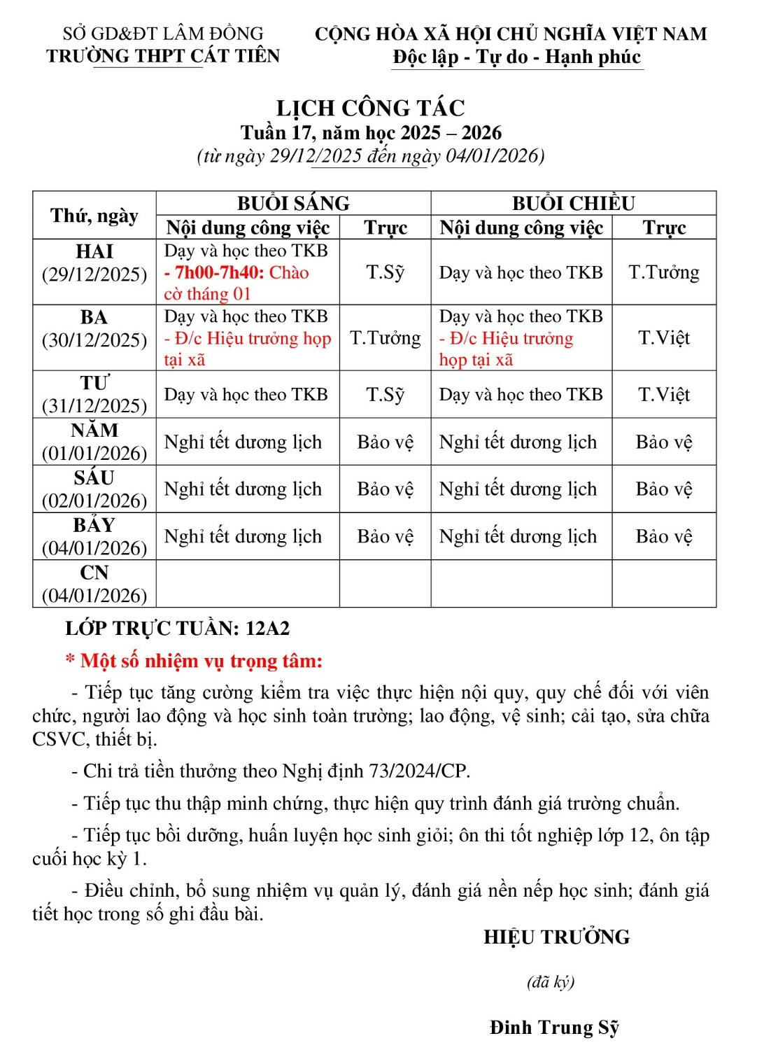 LỊCH CÔNG TÁC TUẦN 17
