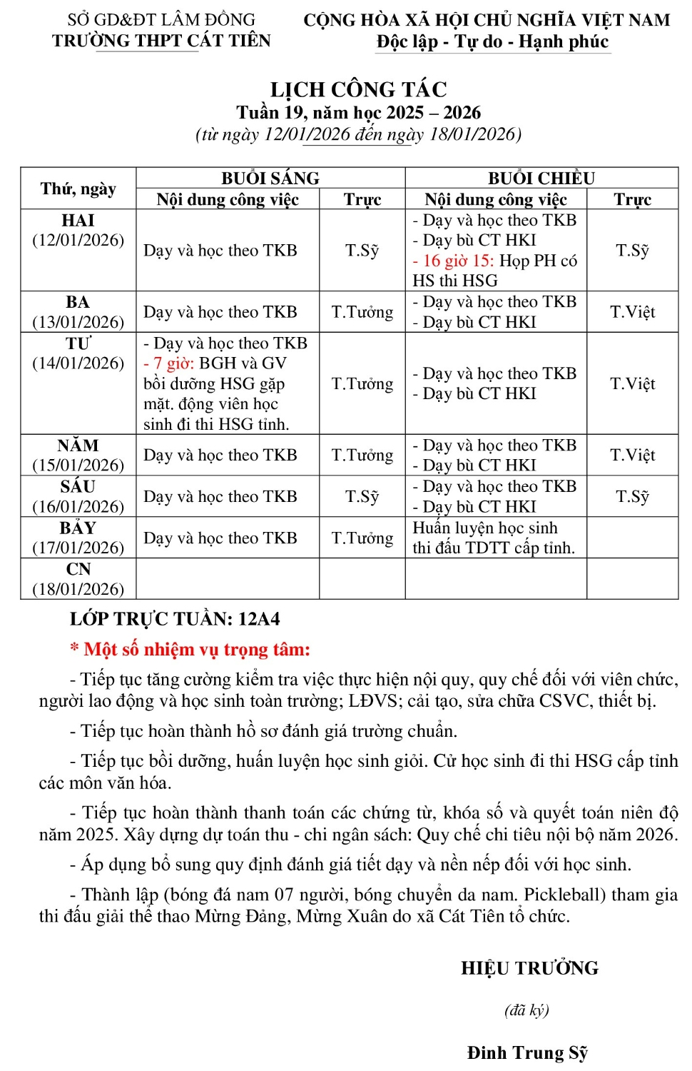 LỊCH CÔNG TÁC TUẦN 19