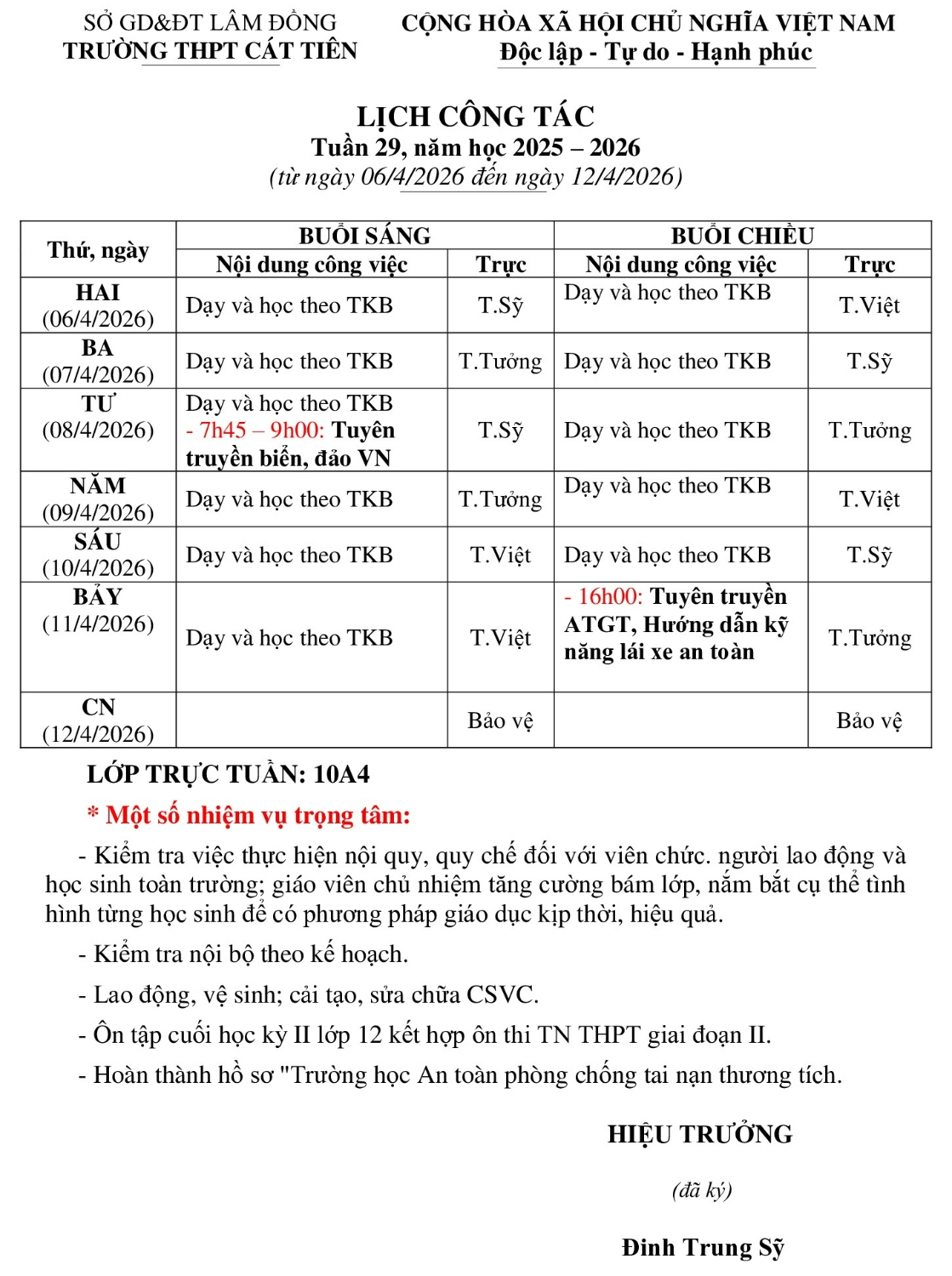 LỊCH CÔNG TÁC TUẦN 29