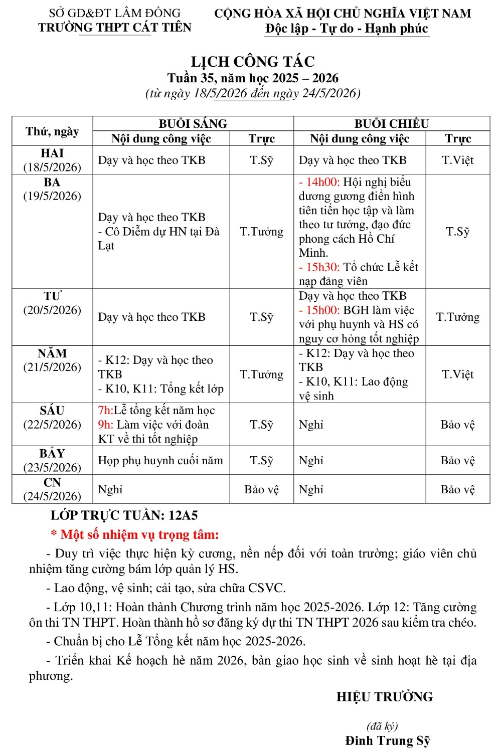 LỊCH CÔNG TÁC TUẦN 35